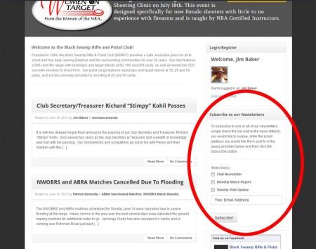 Area circled in red on the homepage is where you can sign up for the club newsletters.